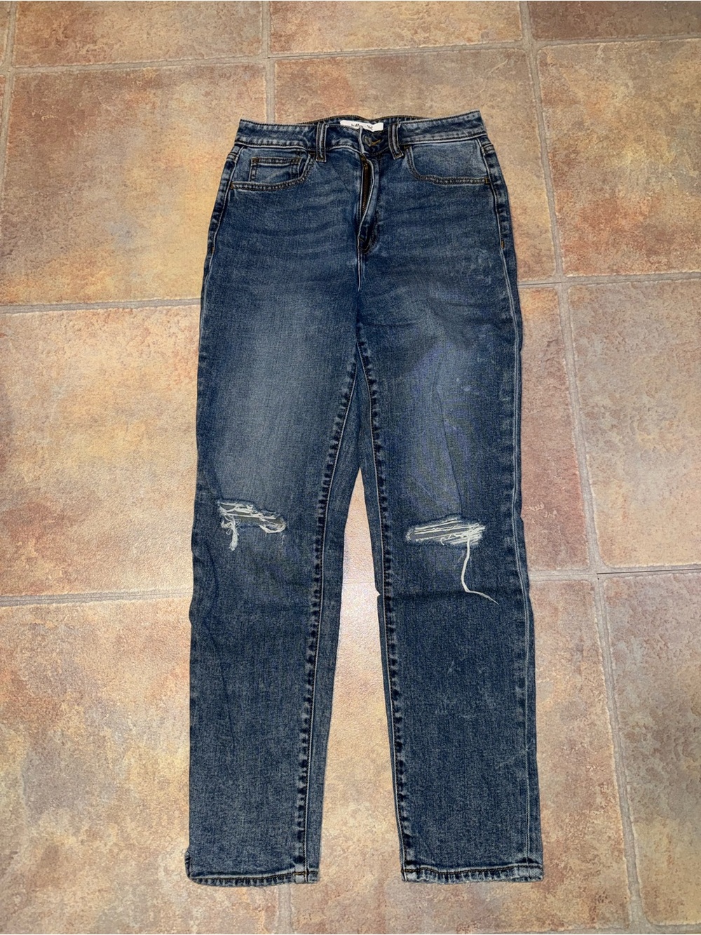 High-Rise Distressed Straight-Leg Jeans in Dark Blue